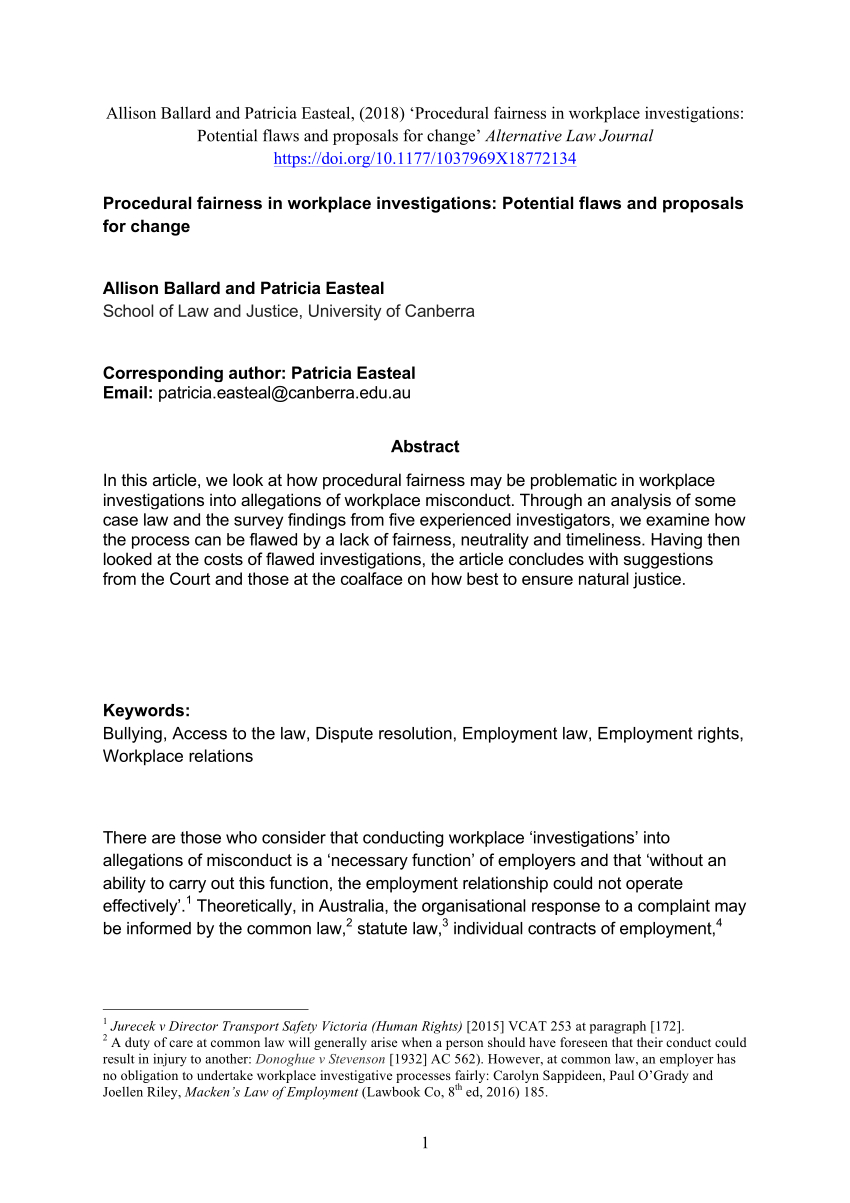 Pdf) Procedural Fairness In Workplace Investigations Intended For Investigation Report Template Disciplinary Hearing