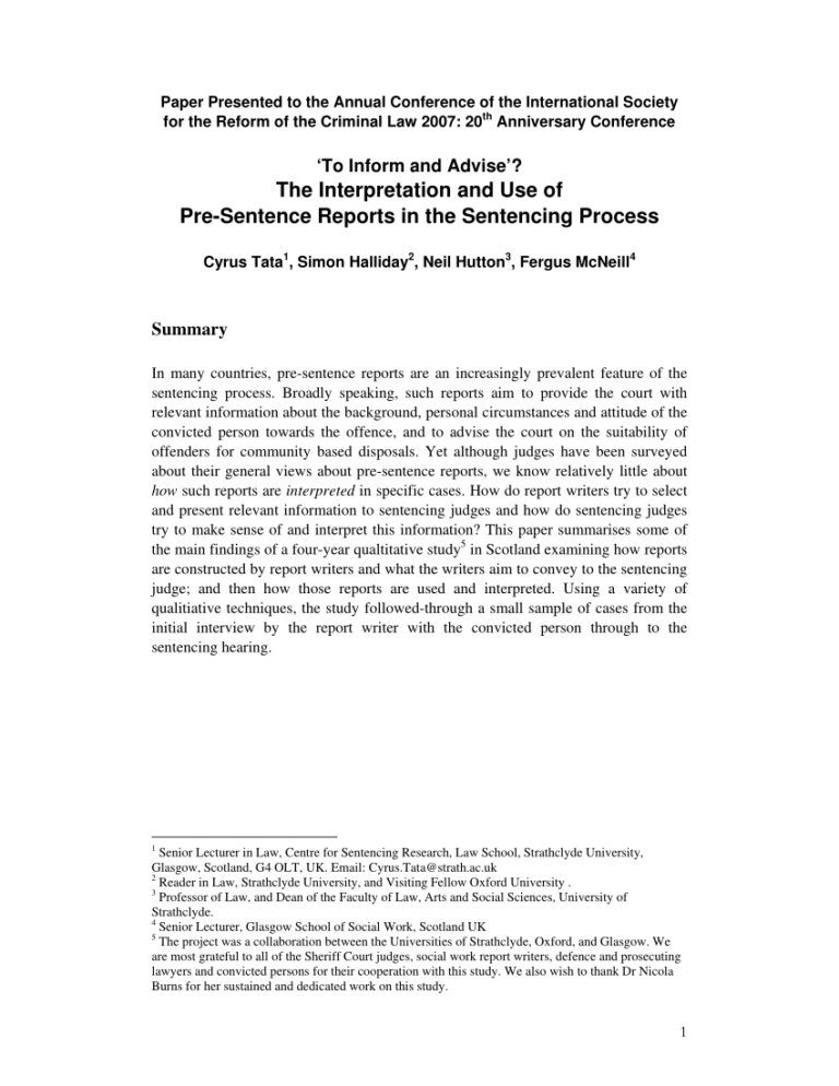 Pdf) The Interpretation And Use Of Pre-Sentence Reports In intended for ...