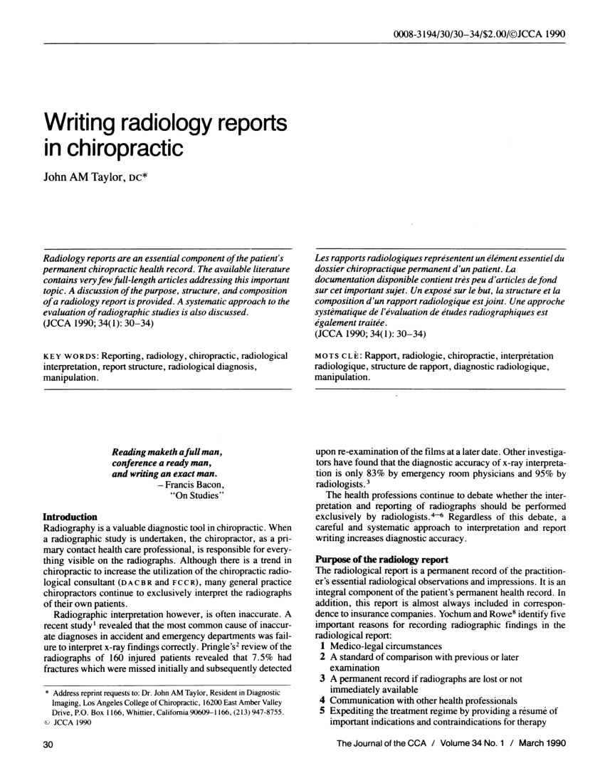 Pdf) Writing Radiology Reports In Chiropractic Regarding Chiropractic X Ray Report Template