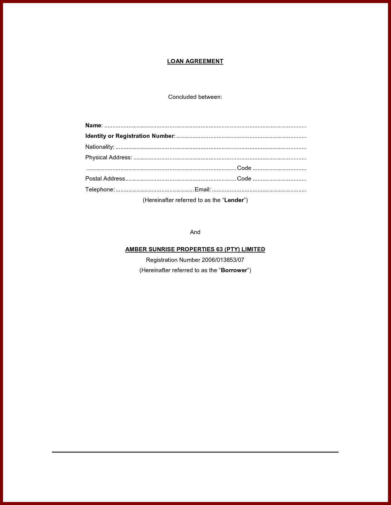 Personal Loan Contract Or Agreement Form Sample : Vientazona In Blank Loan Agreement Template