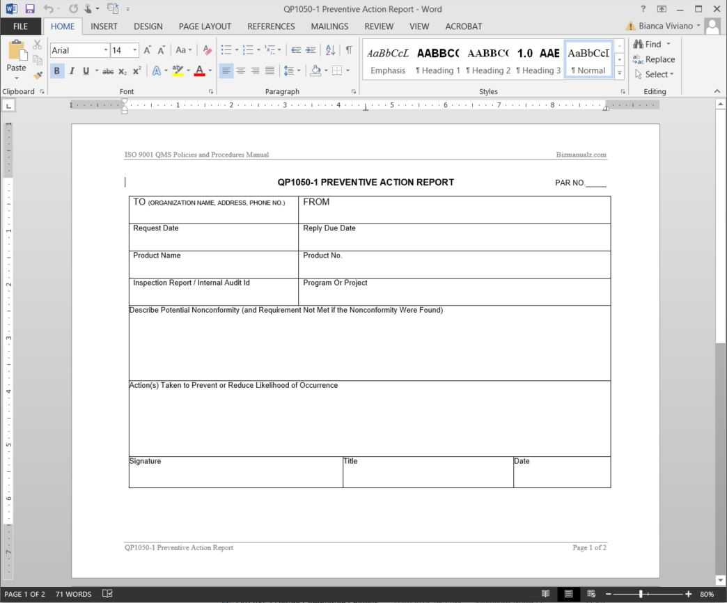 Preventive Action Report Iso Template | Qp1050 1 Intended For Corrective Action Report Template