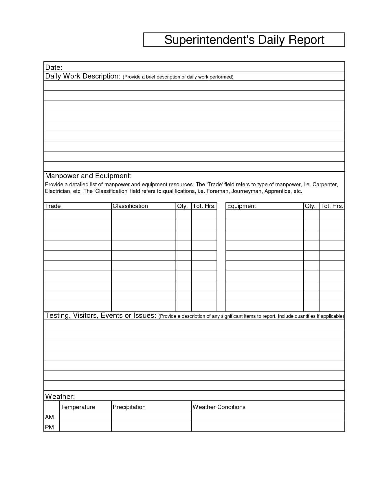 Printable Blank Superintendents Daily Report Sample And Regarding Superintendent Daily Report Template