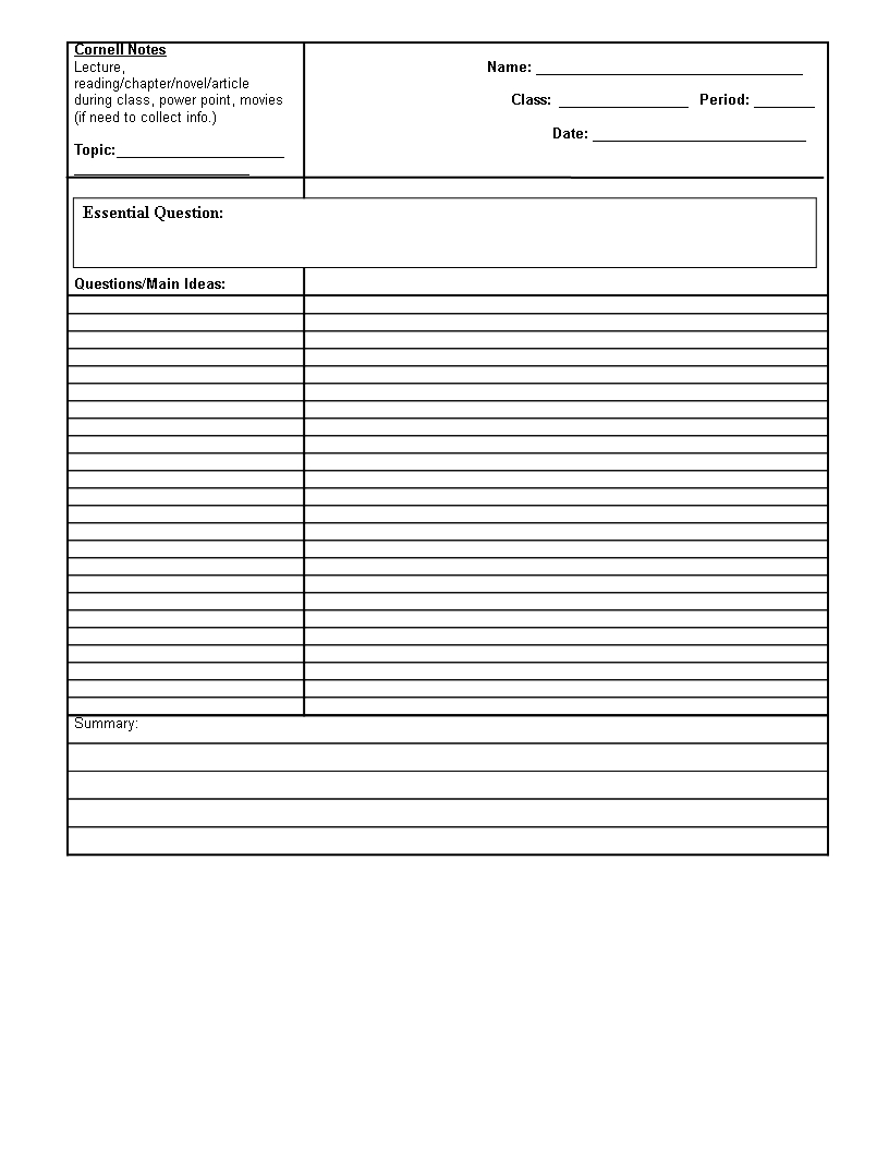 Printable Cornell Notes | Templates At Allbusinesstemplates Throughout Cornell Note Template Word