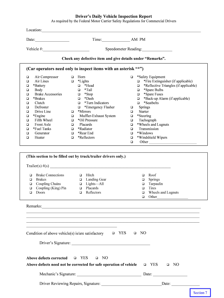 Printable Driver Vehicle Inspection Report Form - Fill Throughout Vehicle Inspection Report Template