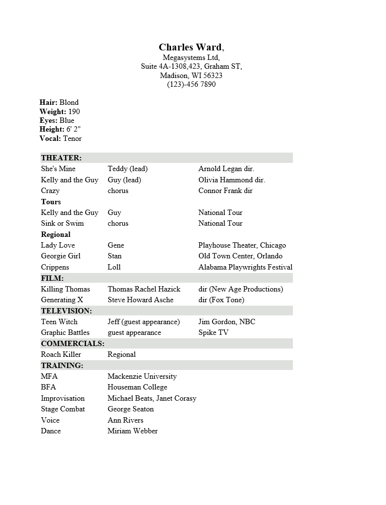 Professional Acting Resume : Resume Templates With Regard To Theatrical Resume Template Word
