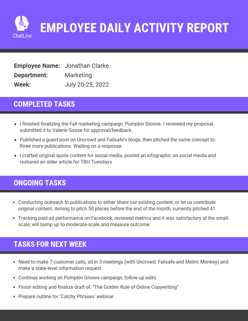 Purple Employee Daily Activity Report Template Throughout Daily ...