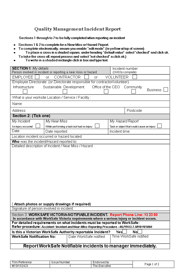 Quality Management Incident Report | Templates At Inside Incident Hazard Report Form Template