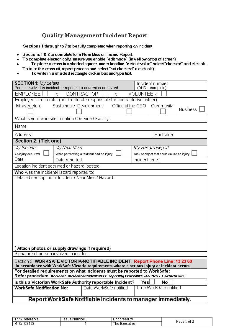Quality Management Incident Report | Templates At With Hazard Incident Report Form Template