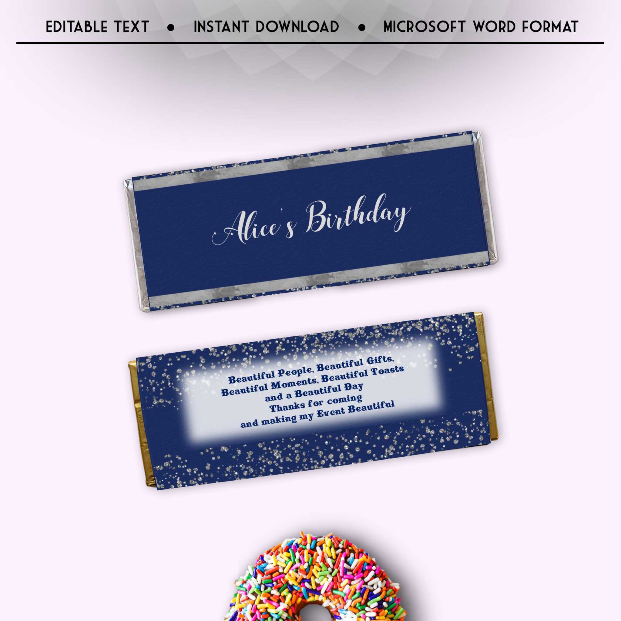 Royal Blue And Silver Candy Bar Wrapper Template, Editable Birthday
