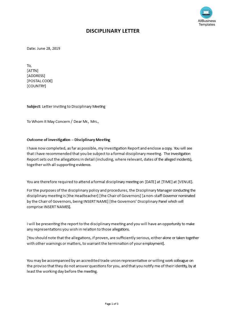 Sample Letter Inviting To Disciplinary Meeting | Templates At Regarding Investigation Report Template Disciplinary Hearing