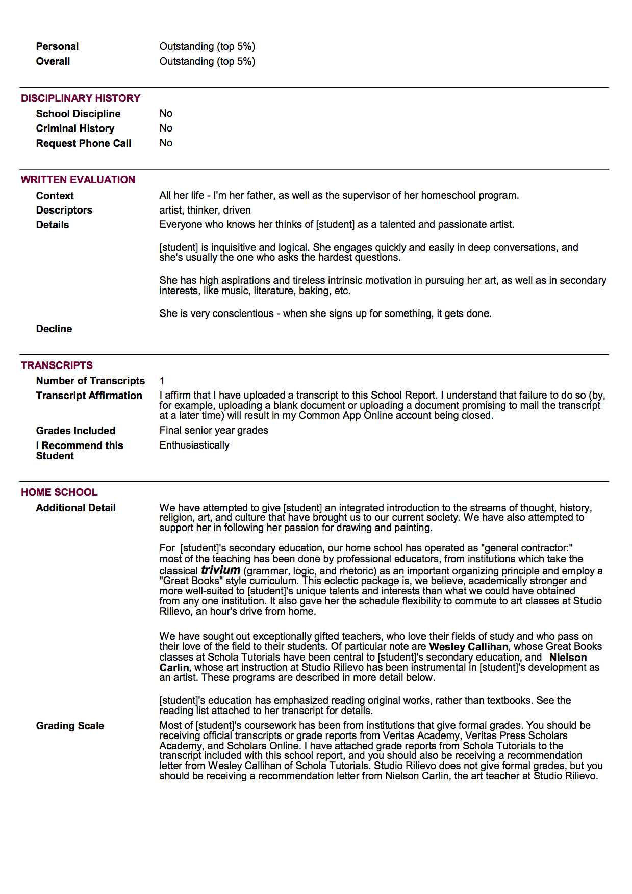 Sample School Report And Transcript (For Homeschoolers Regarding College Report Card Template