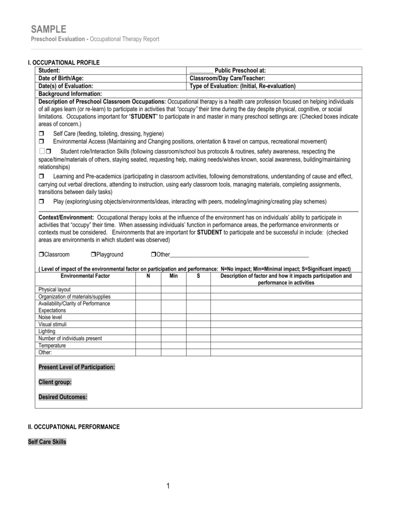 Sample/template For Occupational Therapy Preschool Evaluation For Template For Evaluation Report