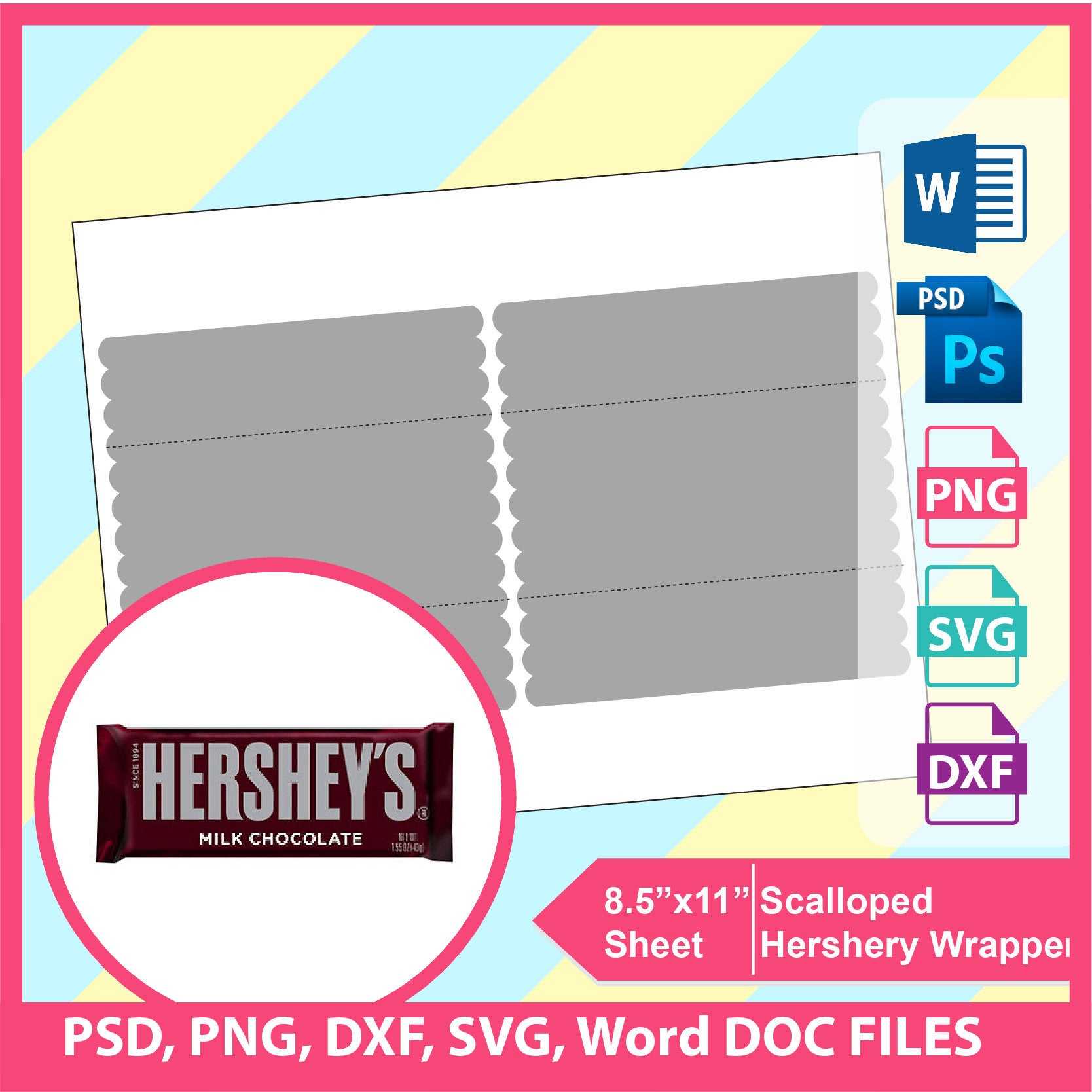 Scalloped Hershey Candy Bar Wrapper Template, Psd, Png And Svg, Dxf, Doc  Microsoft Word Formats, 8.5X11" Sheet, Printable 672 Intended For Blank Candy Bar Wrapper Template For Word