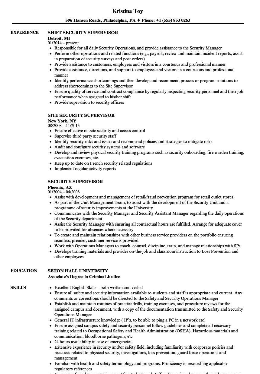 Security Supervisor Resume Samples | Velvet Jobs throughout Physical ...