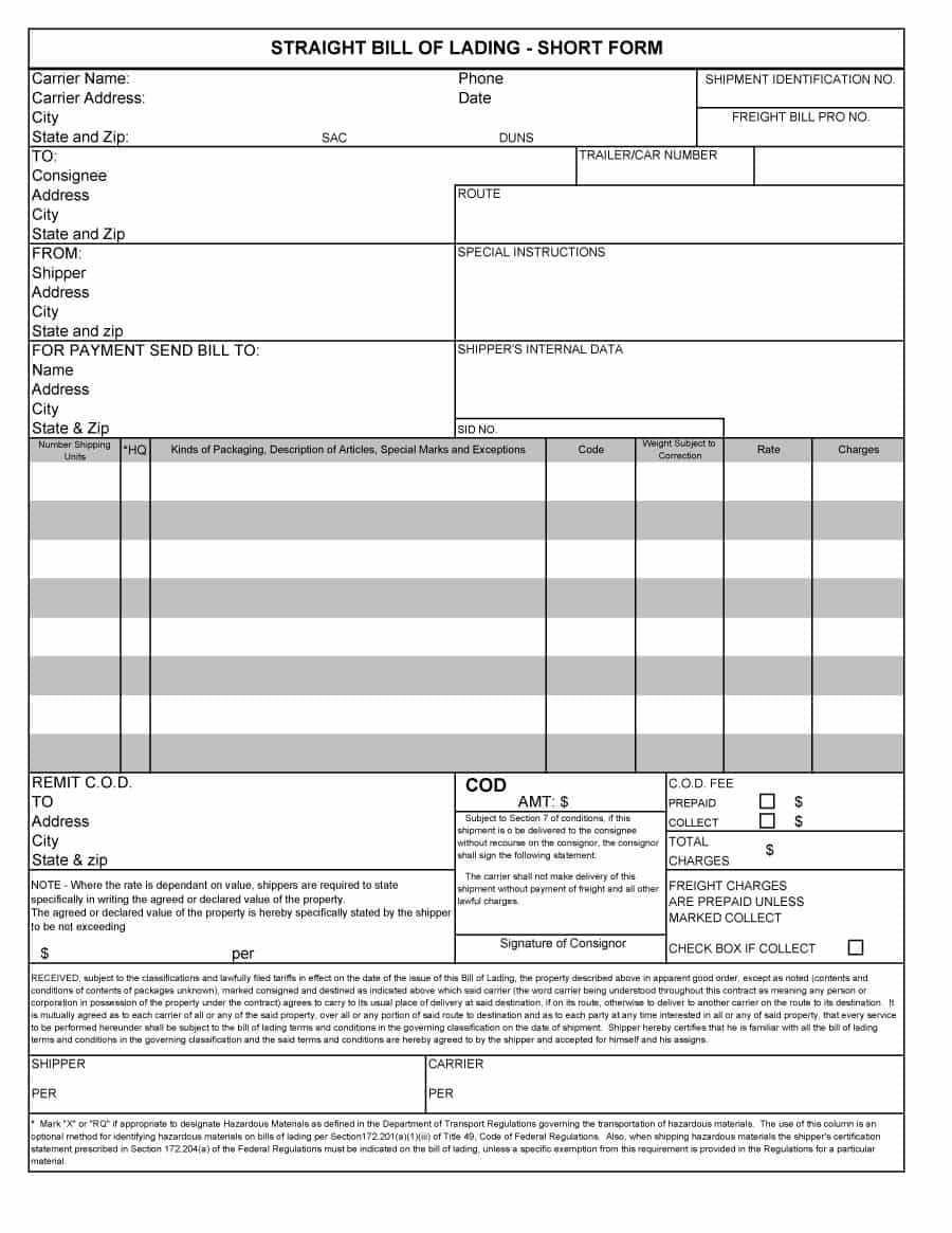 Shipping Bill Of Lading Template – Dalep.midnightpig.co With Blank Bol Template