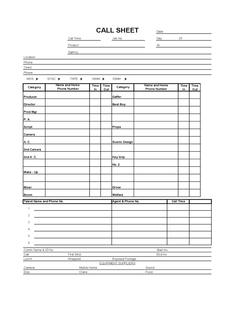 Shooting And Filming Chart Template – 81 Free Templates In For Blank Call Sheet Template