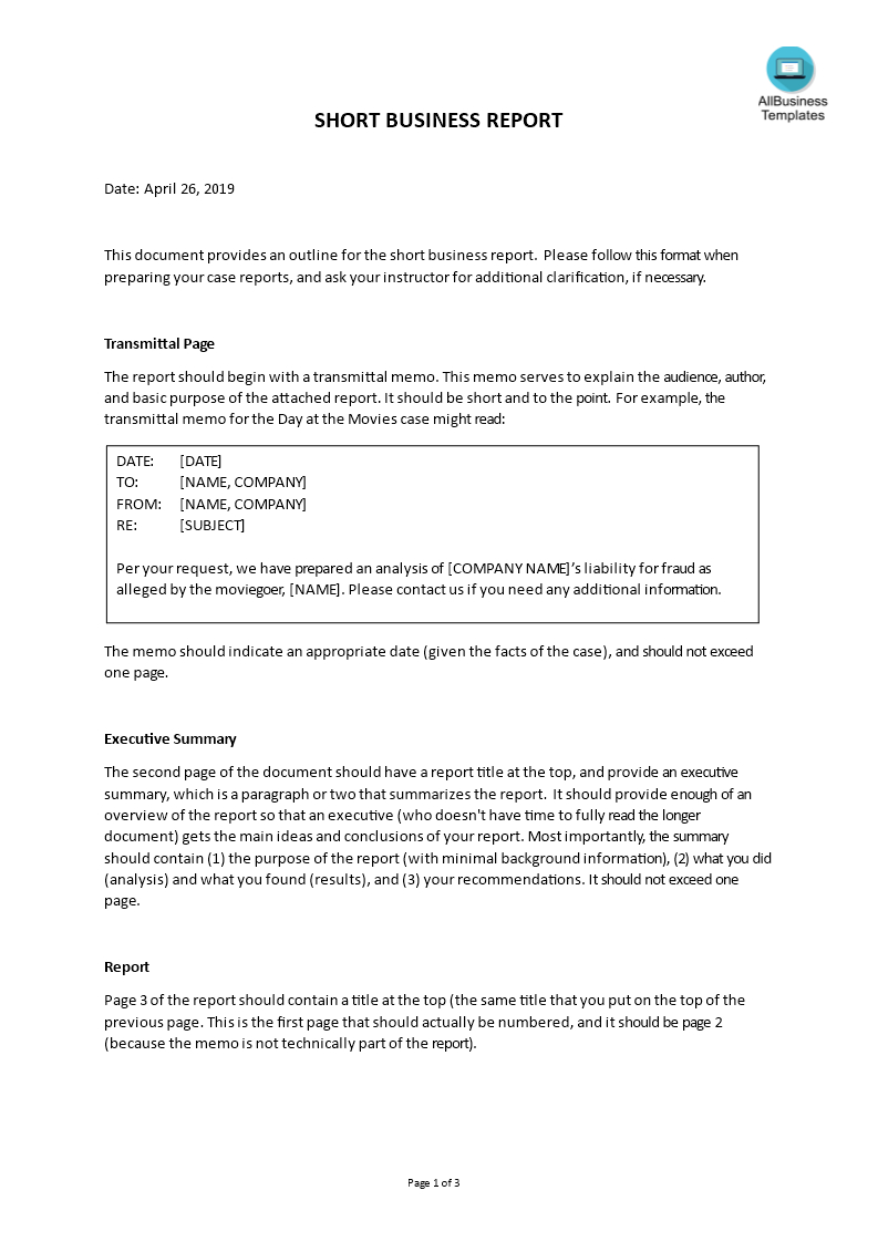 Short Business Report Example | Templates At For Template On How To Write A Report