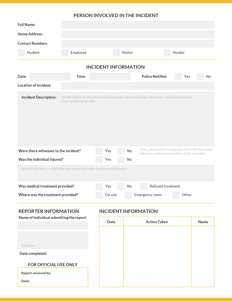 Simple Incident Report Template With Template For Information Report