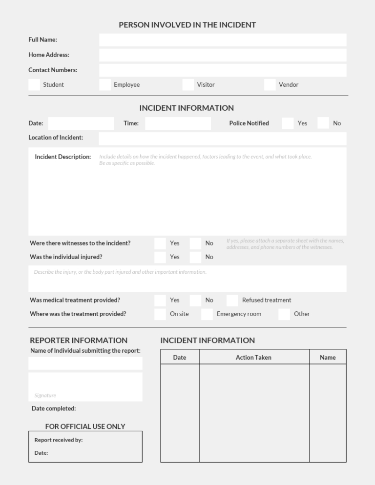 Simple Light Incident Report Template with Template For Information ...