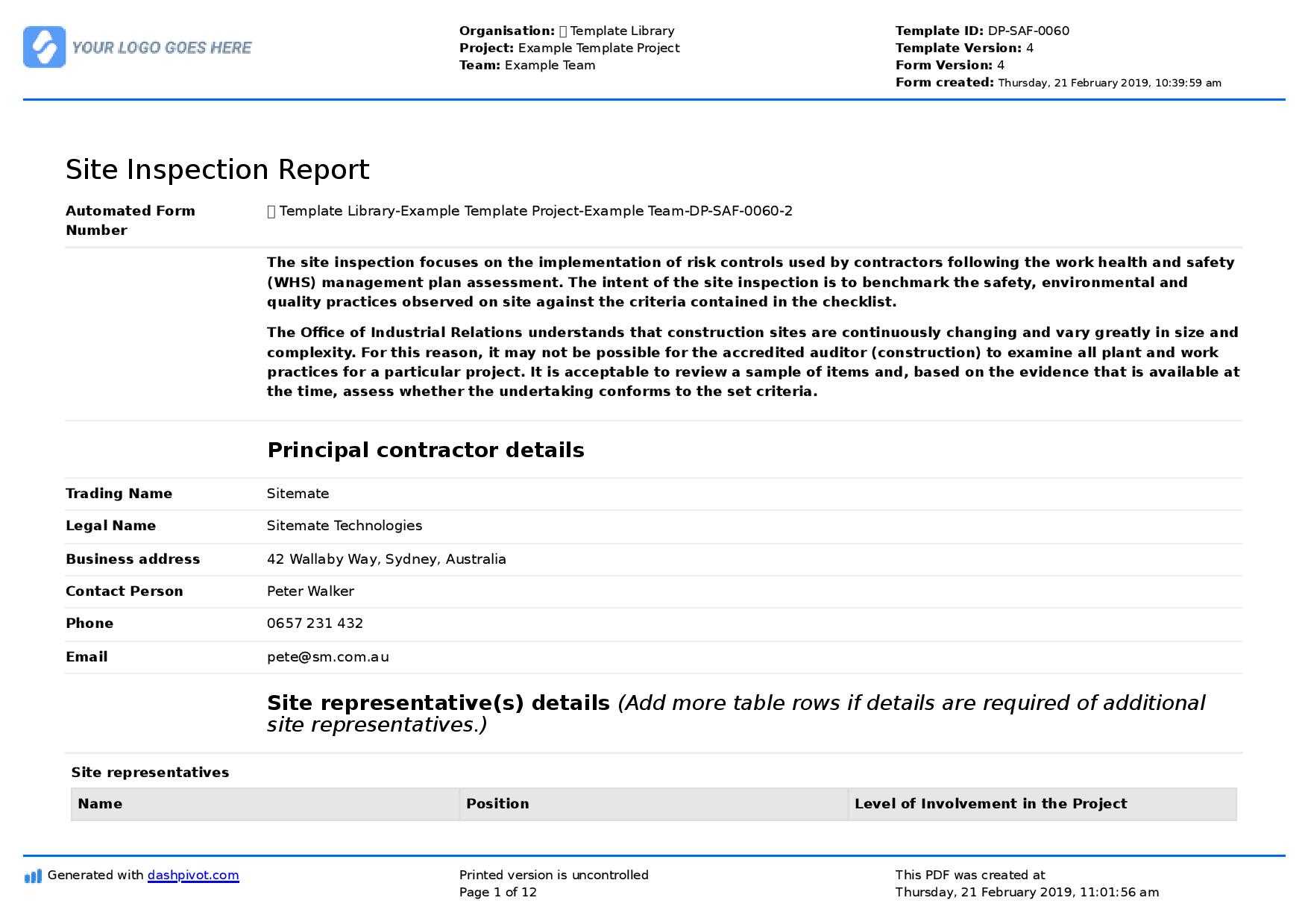 Site Inspection Report: Free Template, Sample And A Proven Within Engineering Inspection Report Template