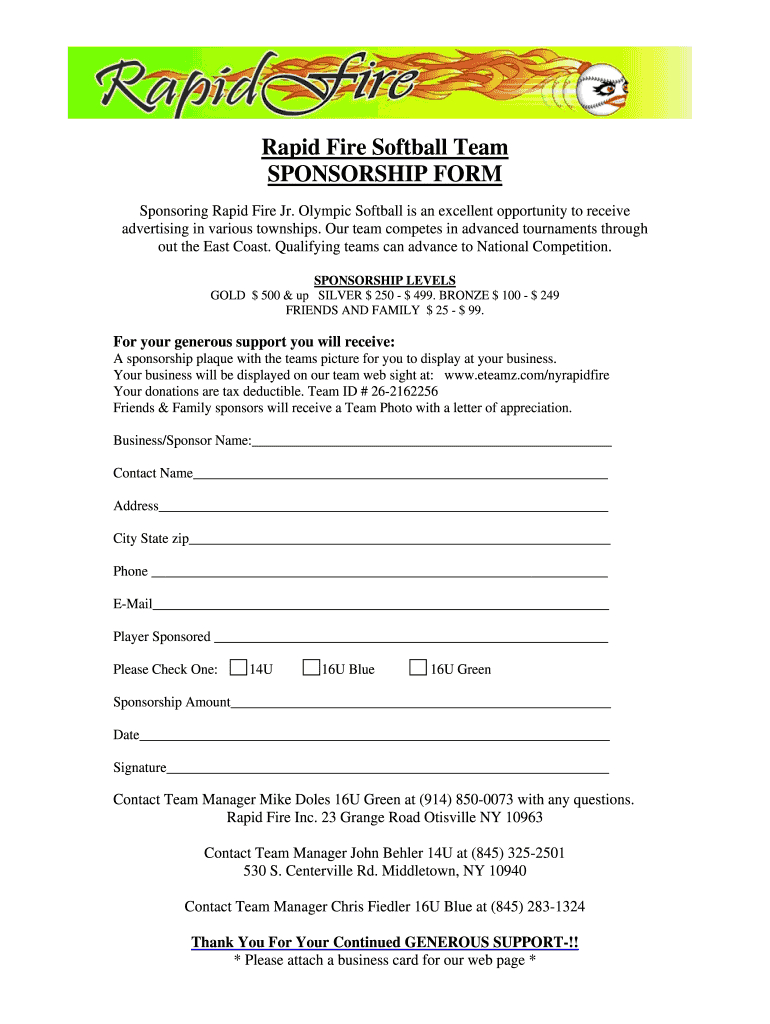 Softball Sponsorship Form – Fill Online, Printable, Fillable Inside Blank Sponsorship Form Template