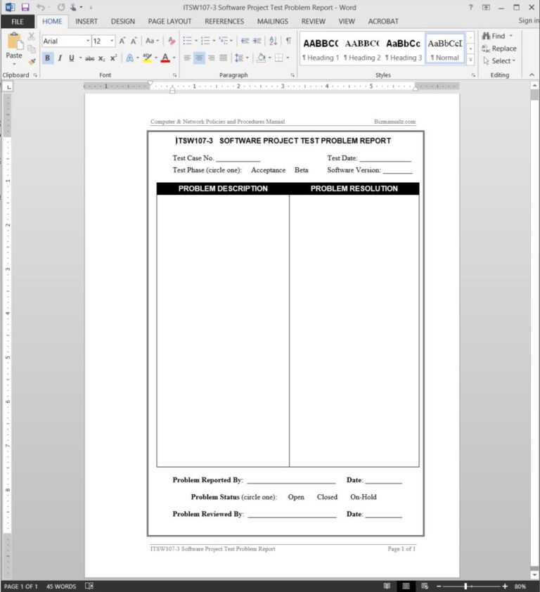 Software Project Test Problem Report Template | Itsw107-3 inside