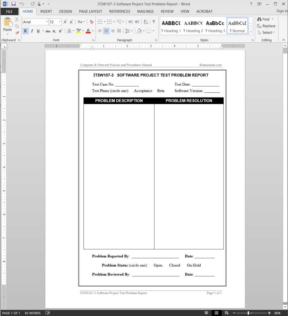 Software Project Test Problem Report Template | Itsw107 3 Inside Acceptance Test Report Template