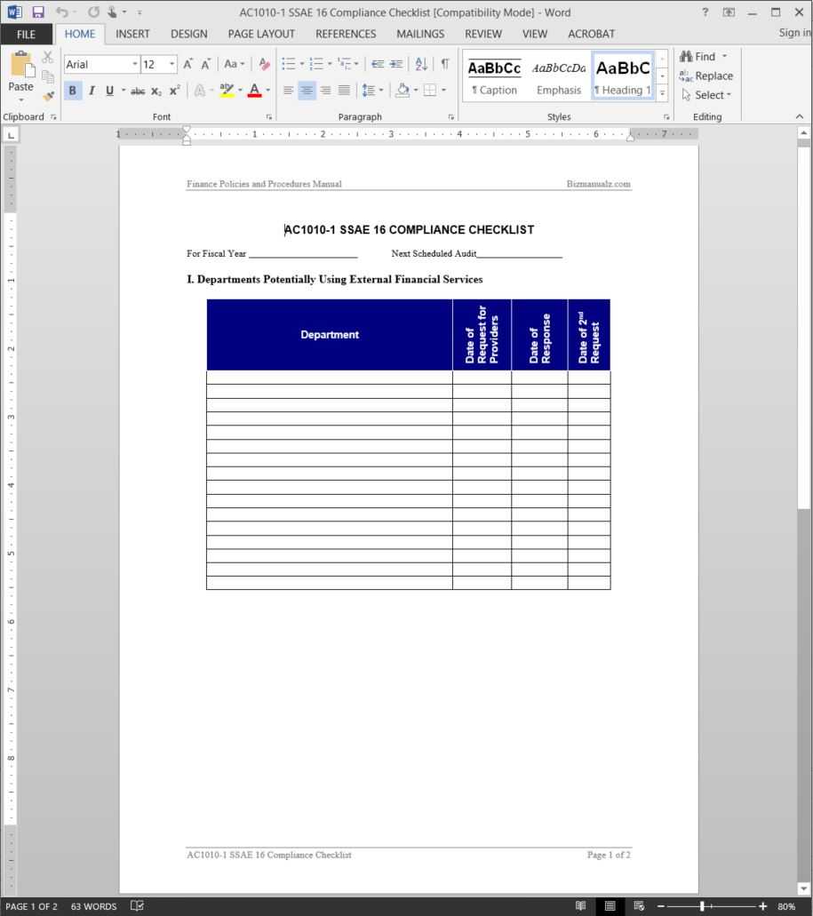 Ssae 16 Compliance Checklist Template | Ac1010 1 With Regard To Ssae 16 Report Template
