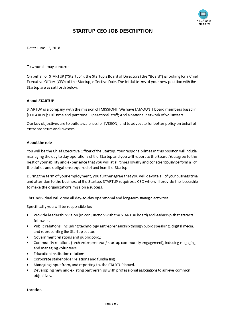 Startup Ceo Job Description | Templates At For Ceo Report To Board Of Directors Template