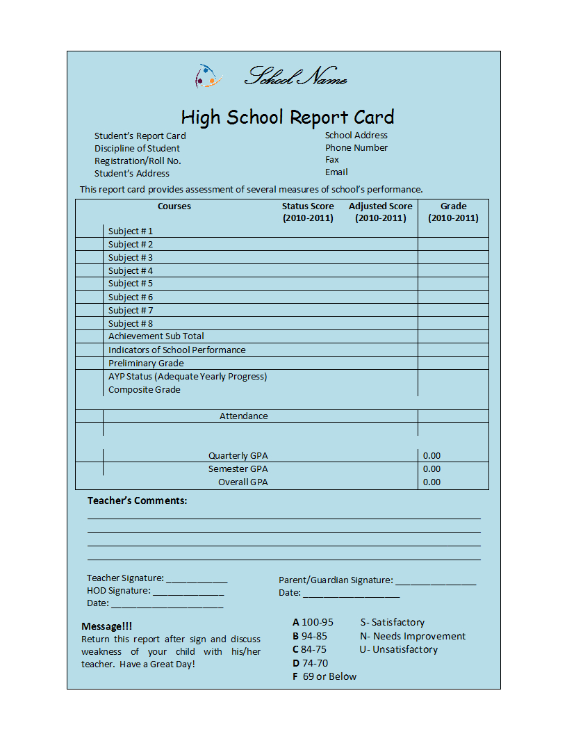 Student Report Template For High School Report Card Template