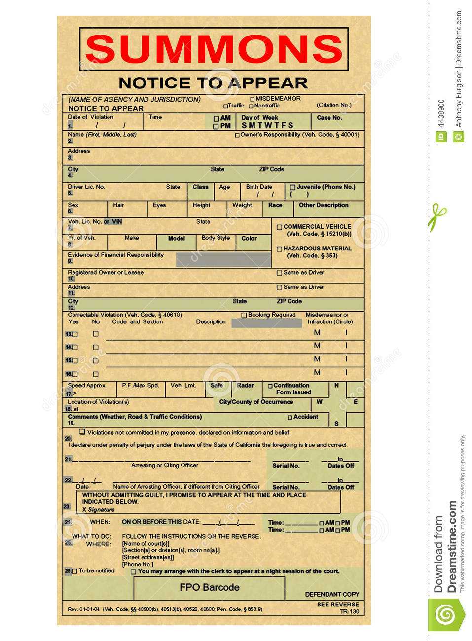 Summons Ticket To Court Stock Photo. Image Of Order Pertaining To Blank Speeding Ticket Template