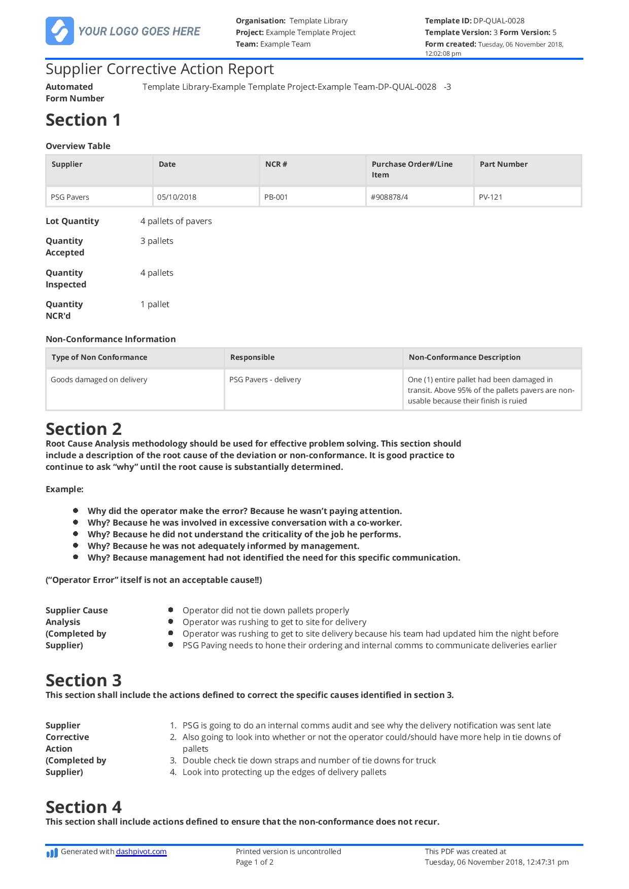 Supplier Corrective Action Report Template: Improve Your For Check Out Report Template
