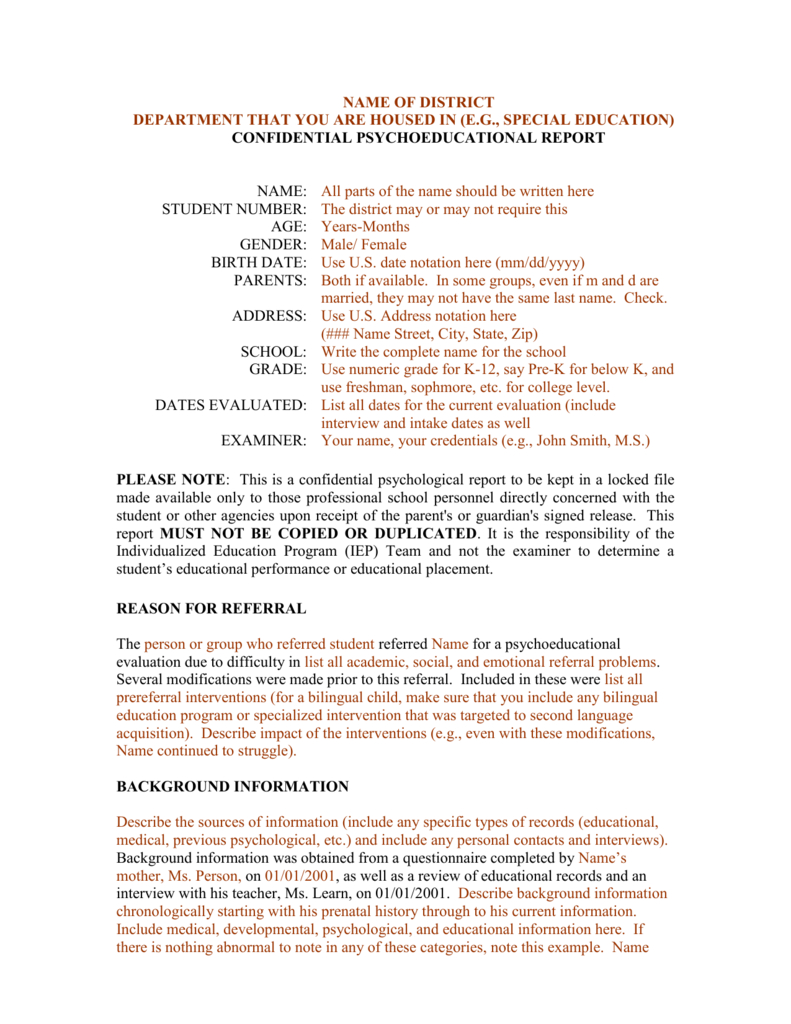 Template For A Bilingual Psychoeducational Report In Psychoeducational Report Template