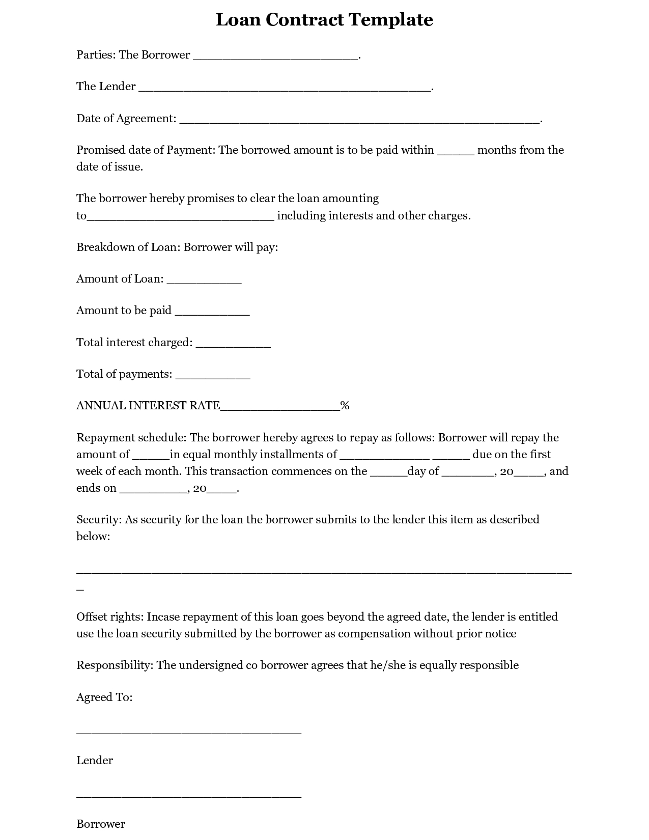 Terrific Blank Loan Contract Or Agreement Template Sample Throughout Blank Loan Agreement Template