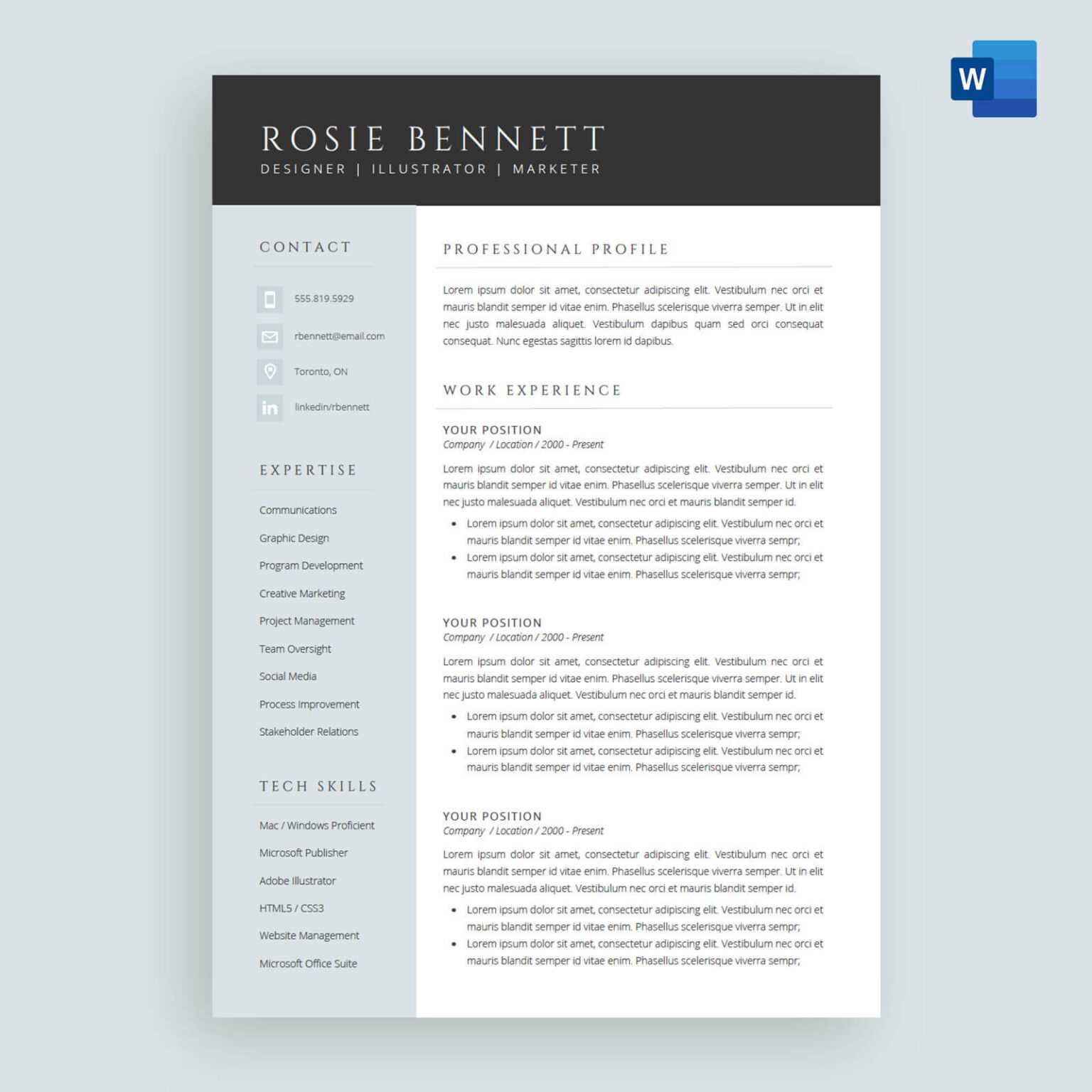 The 'rosie' Resume / Cv Template Package For Microsoft™ Word In ...