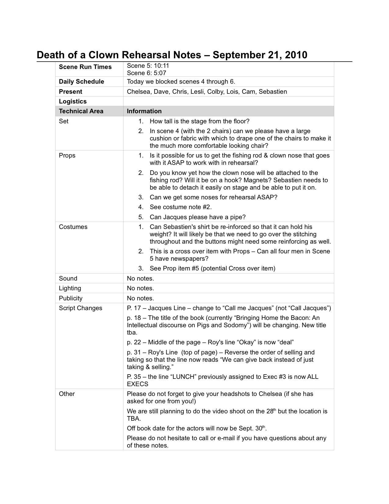 The Sm Prompt Book: Show Bible Pt. 2 – Lois Backstage With Regard To Rehearsal Report Template