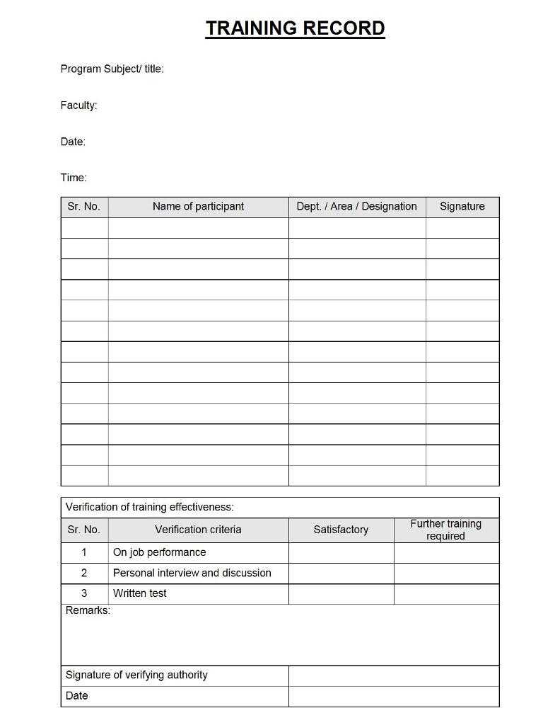 Training Record Format| Excel | Pdf | Sample For Training Documentation Template Word