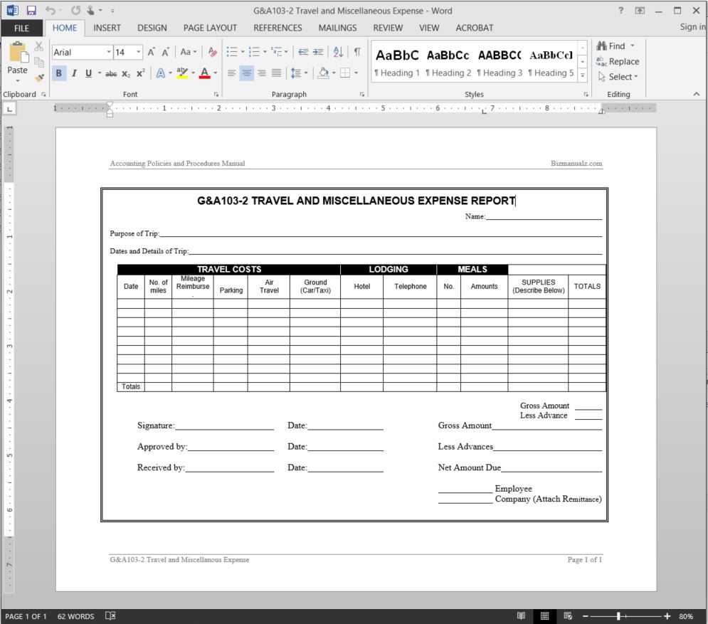 Travel Miscellaneous Expense Report Template | G&a103 2 In Company Expense Report Template