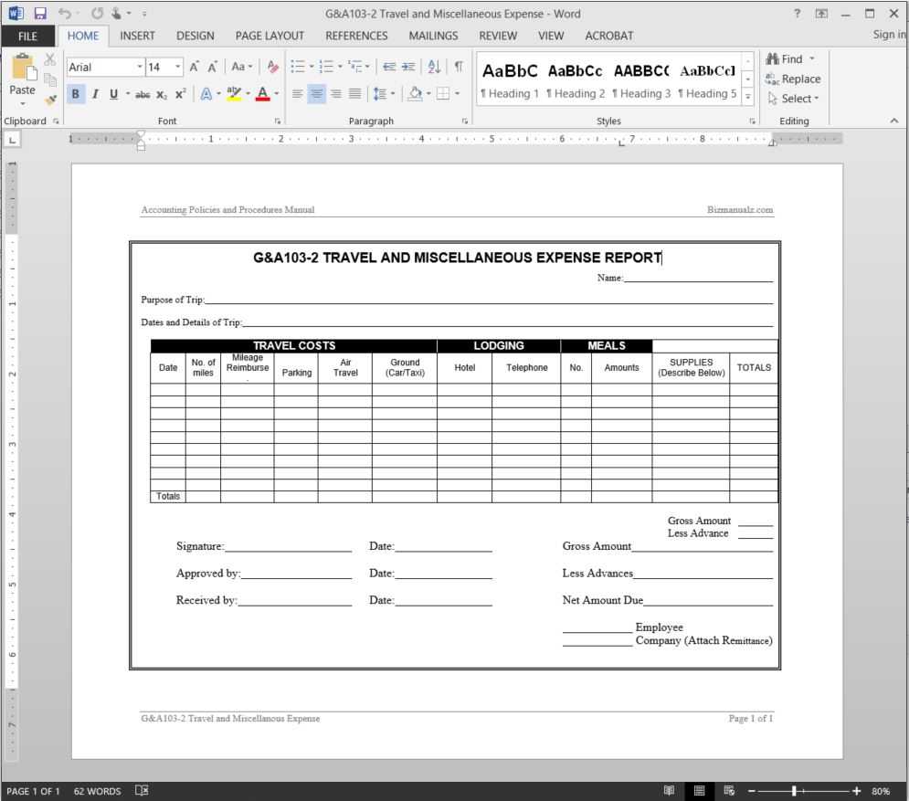Travel Miscellaneous Expense Report Template | G&a103 2 Pertaining To Microsoft Word Expense Report Template