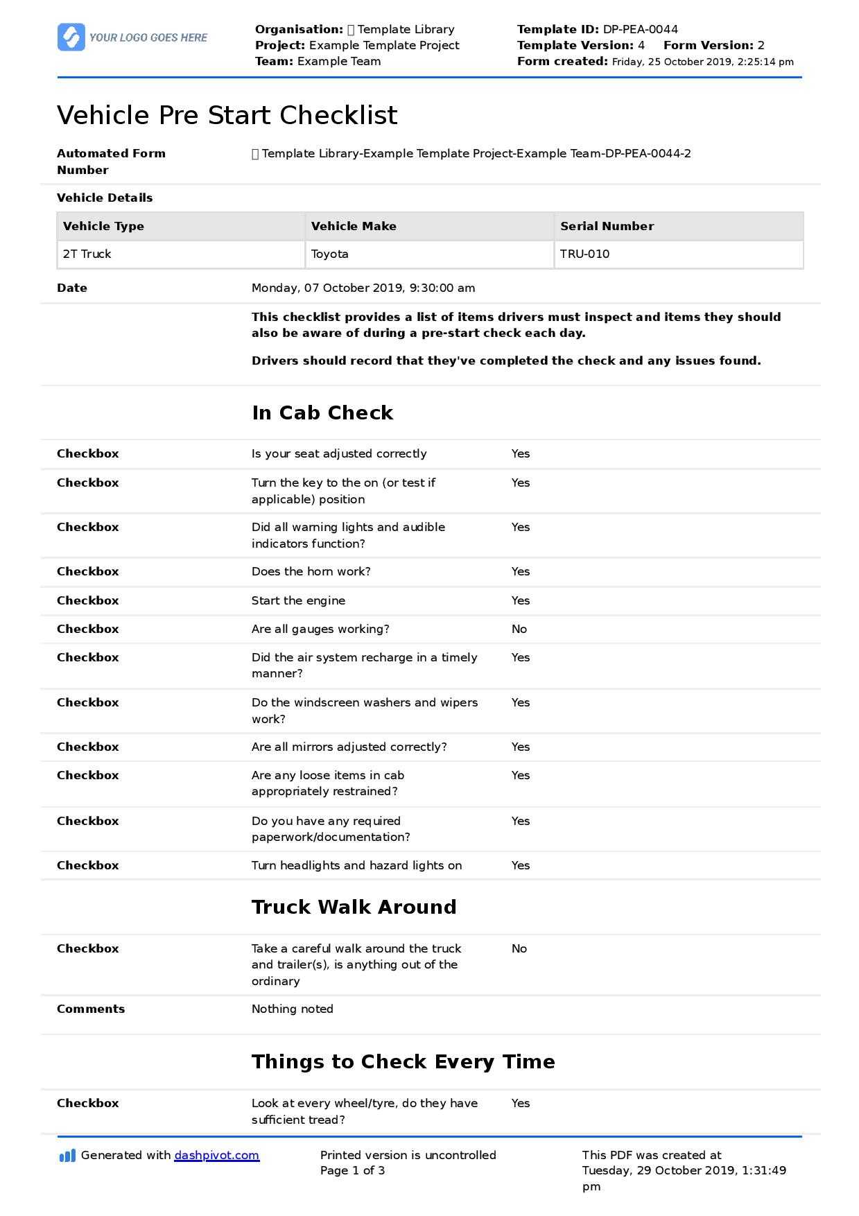 Truck Pre Start Checklist Template (Free To Use + Editable) Pertaining To Vehicle Checklist Template Word