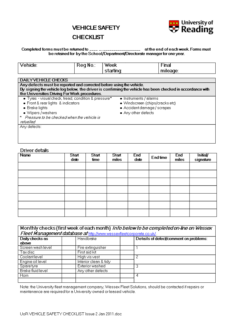 Vehicle Safety Checklist Word | Templates At Inside Vehicle Checklist Template Word