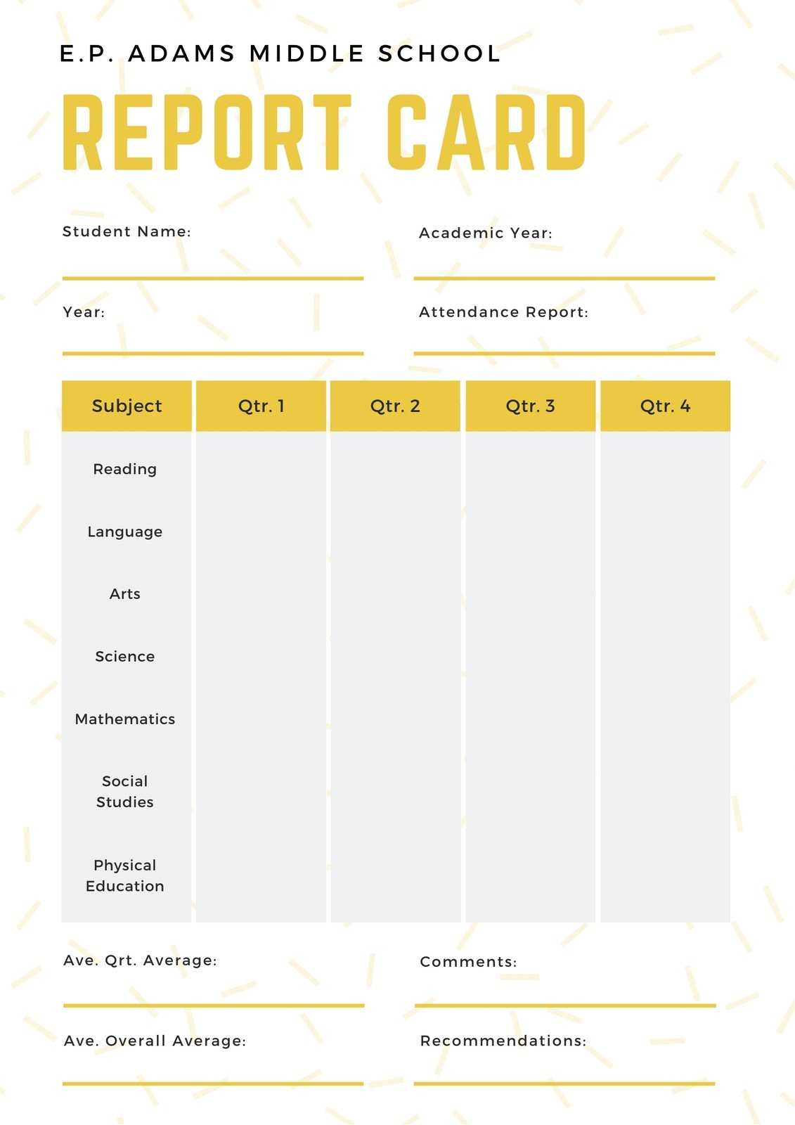 White And Yellow Simple Sprinkled Middle School Report Card Within Boyfriend Report Card Template